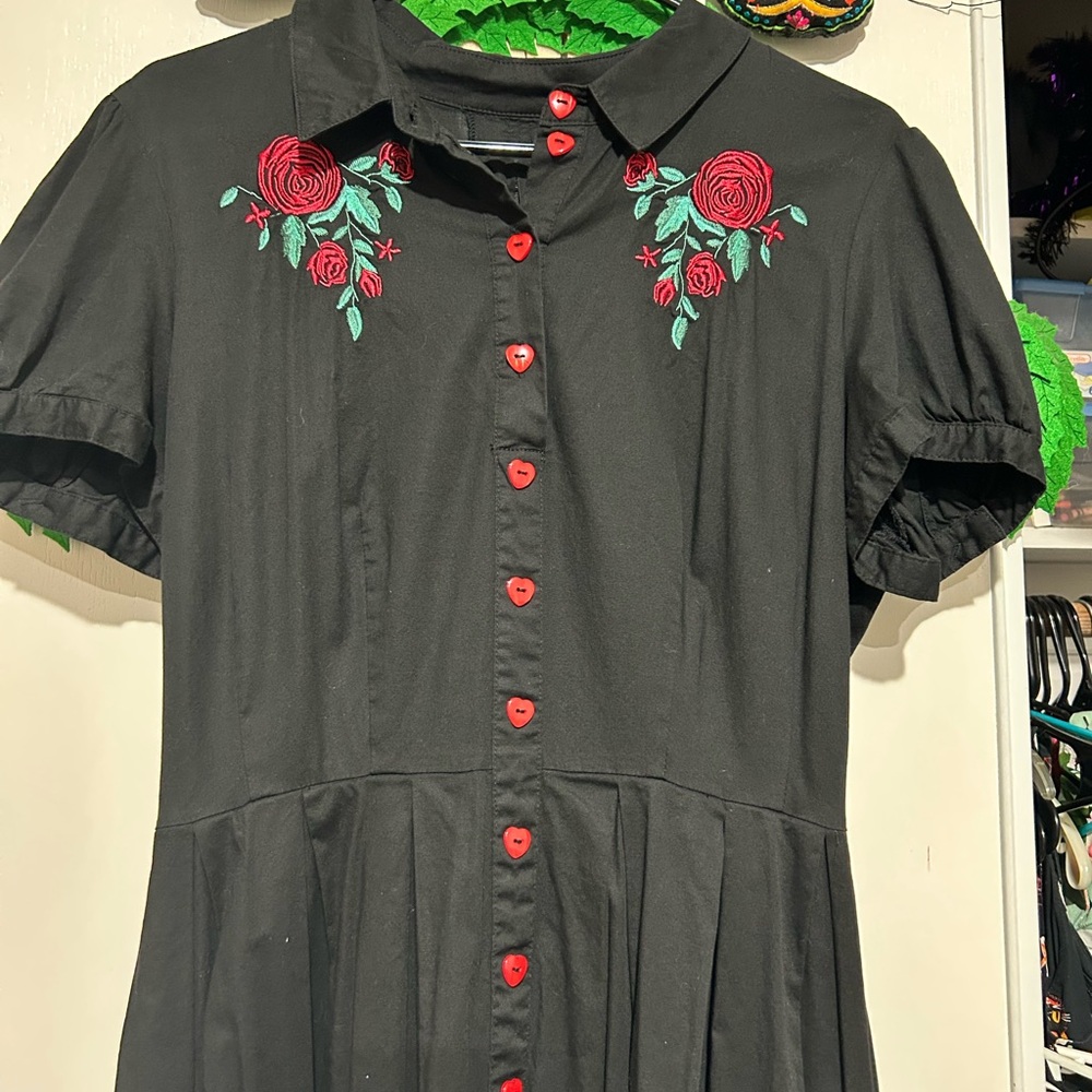 Stylish Black Dress with Red Heart Buttons